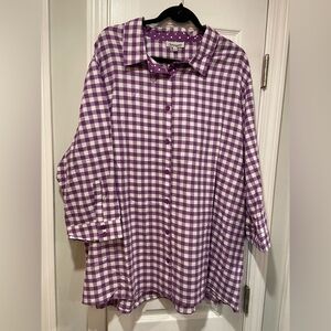 NWT Serengeti Size 3X White Purple Gingham Plaid 3/4 Sleeve Button Down Shirt